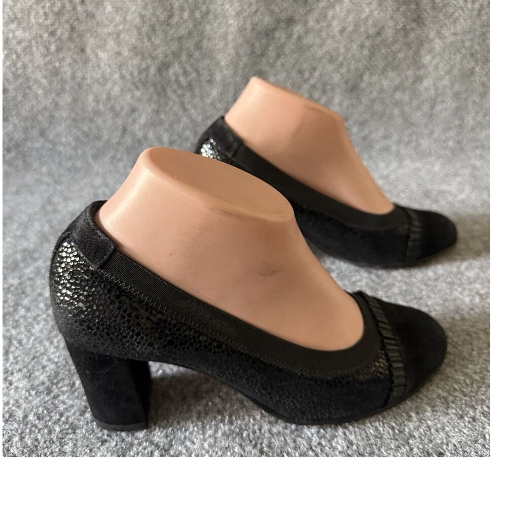 ANYI LU Black Textured Leather Slip-On Block Heel Pump Ribbon Animal Print 7